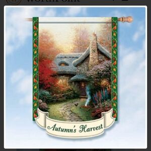 NWT Thomas Kinkade Autumn's Harvest Garden Flag Banner Rustic Cottage Design COA